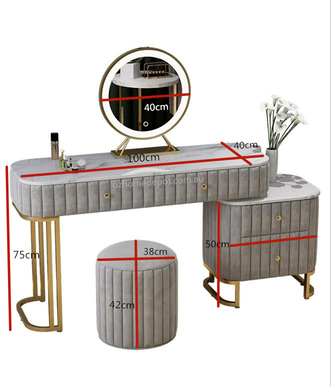 LED Luminous Vanity Velvet Table and Stool Set Makeup Dressing Table Sintered Stone Top
