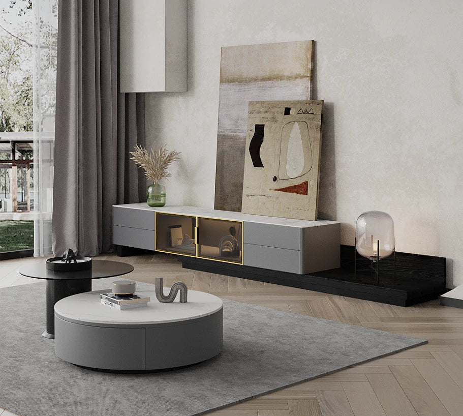 ROSIE Matte White Ceramic top Coffee Table Set/Ceramic top /pine wood cabinet