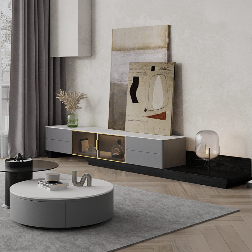 Rosina Sintered Stone Matte white Top Extendable Entertainment Unit/TV Stand/Sintered Stone top/ black painted metal legs/ MDF shelves and cabinets
