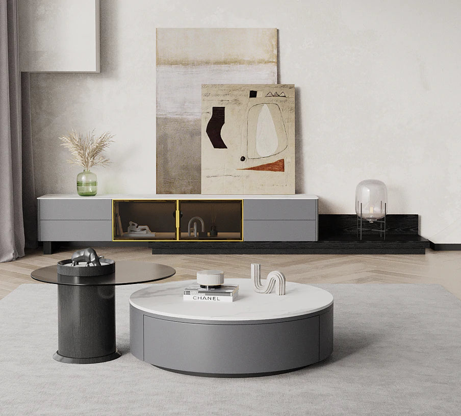 ROSIE Matte White Ceramic top Coffee Table Set/Ceramic top /pine wood cabinet