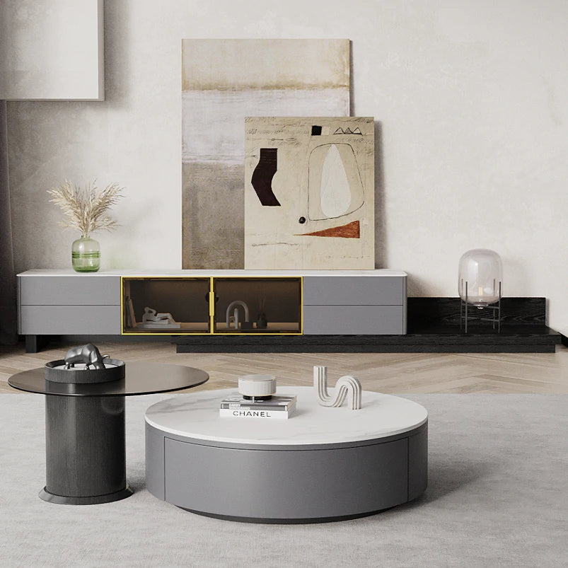Rosina Sintered Stone Matte white Top Extendable Entertainment Unit/TV Stand/Sintered Stone top/ black painted metal legs/ MDF shelves and cabinets
