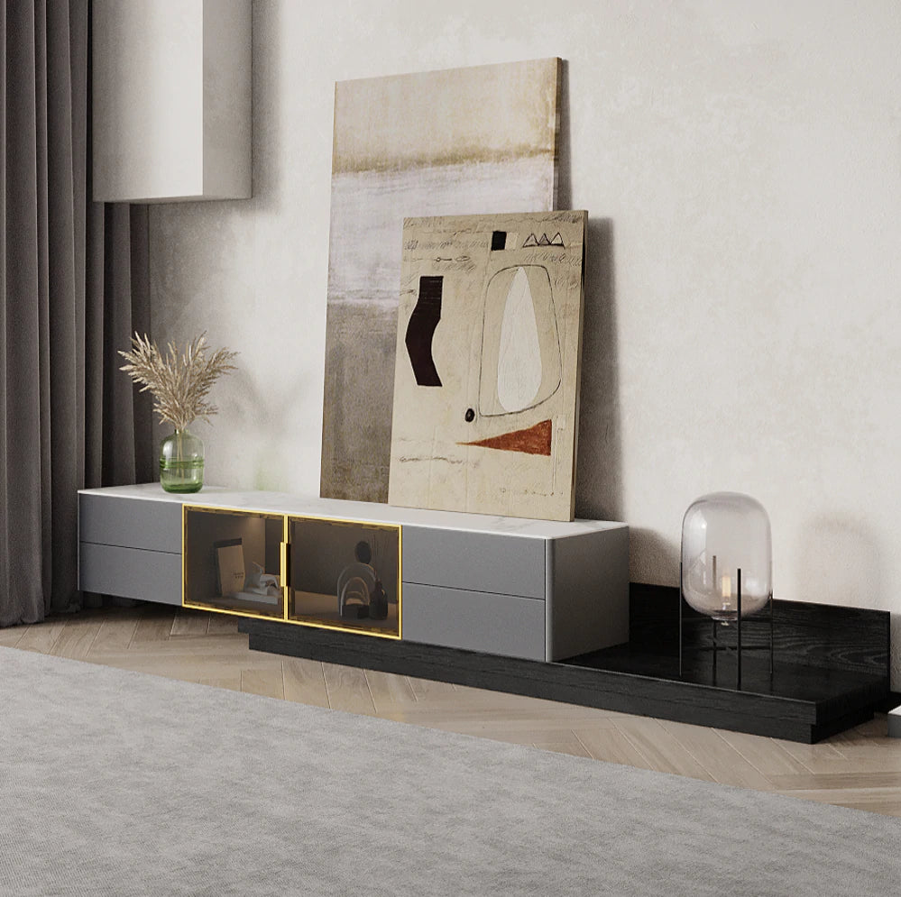 Rosina Sintered Stone Matte white Top Extendable Entertainment Unit/TV Stand/Sintered Stone top/ black painted metal legs/ MDF shelves and cabinets