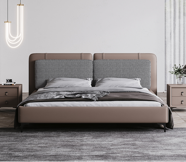 Alwyn Chidori-grid Leather and Fabric Bed Frame/premium calf leather/ Steel legs/Queen/ King/ In Stock