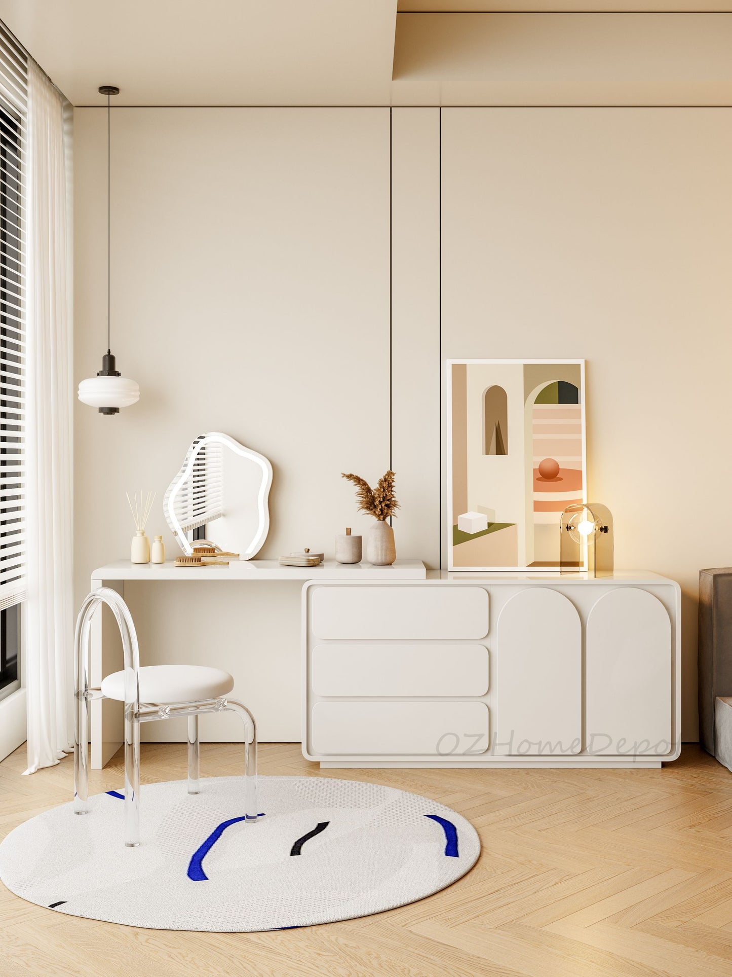 Quinn Creamy White Vanity Table with Stool and LED Mirror/vanity table/Dressing Table with mirror and drawers