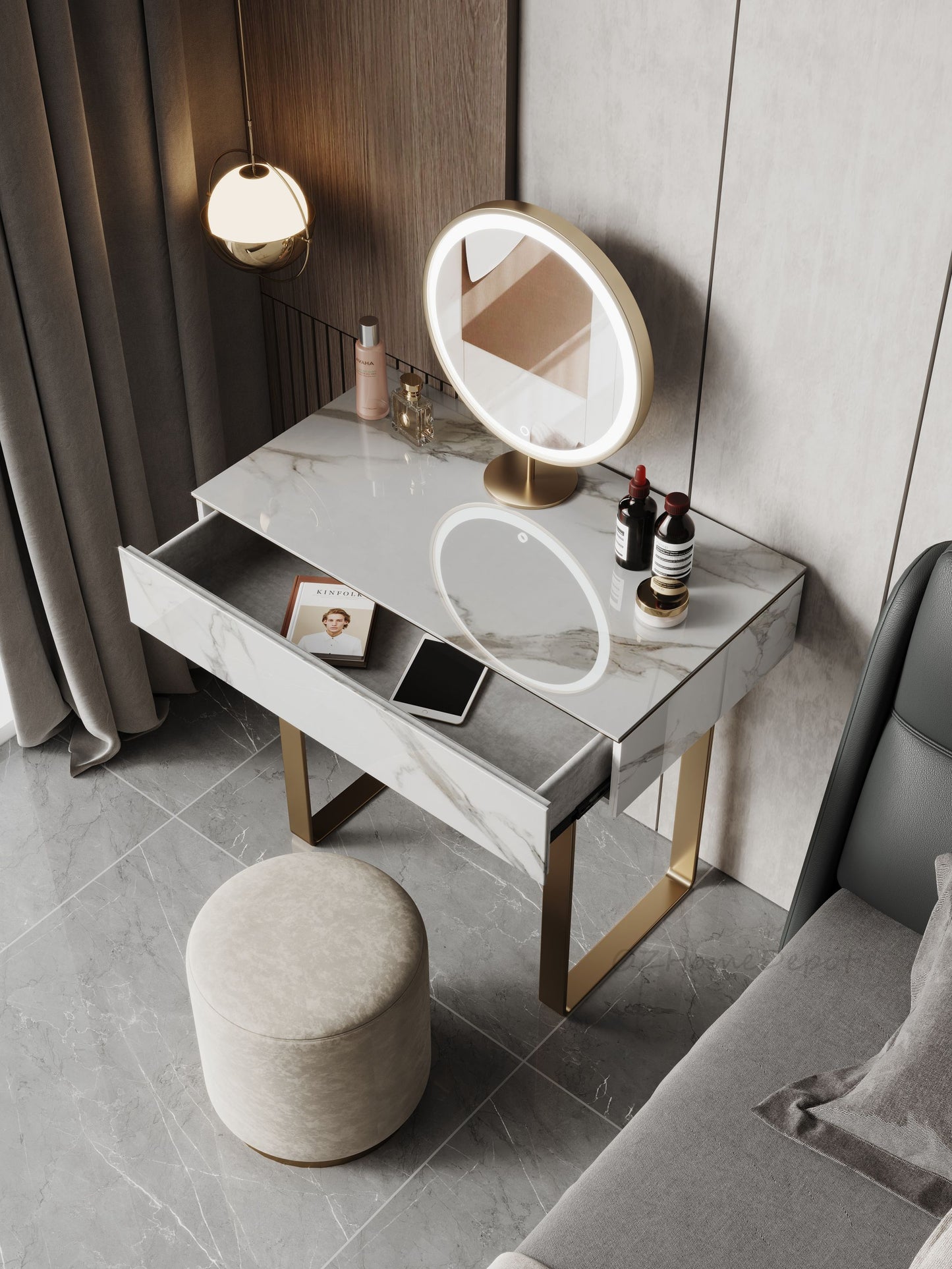 ALEXUS Sintered Stone Top Vanity Table with Stool and LED Mirror/vanity table/dressing table with mirror and drawers