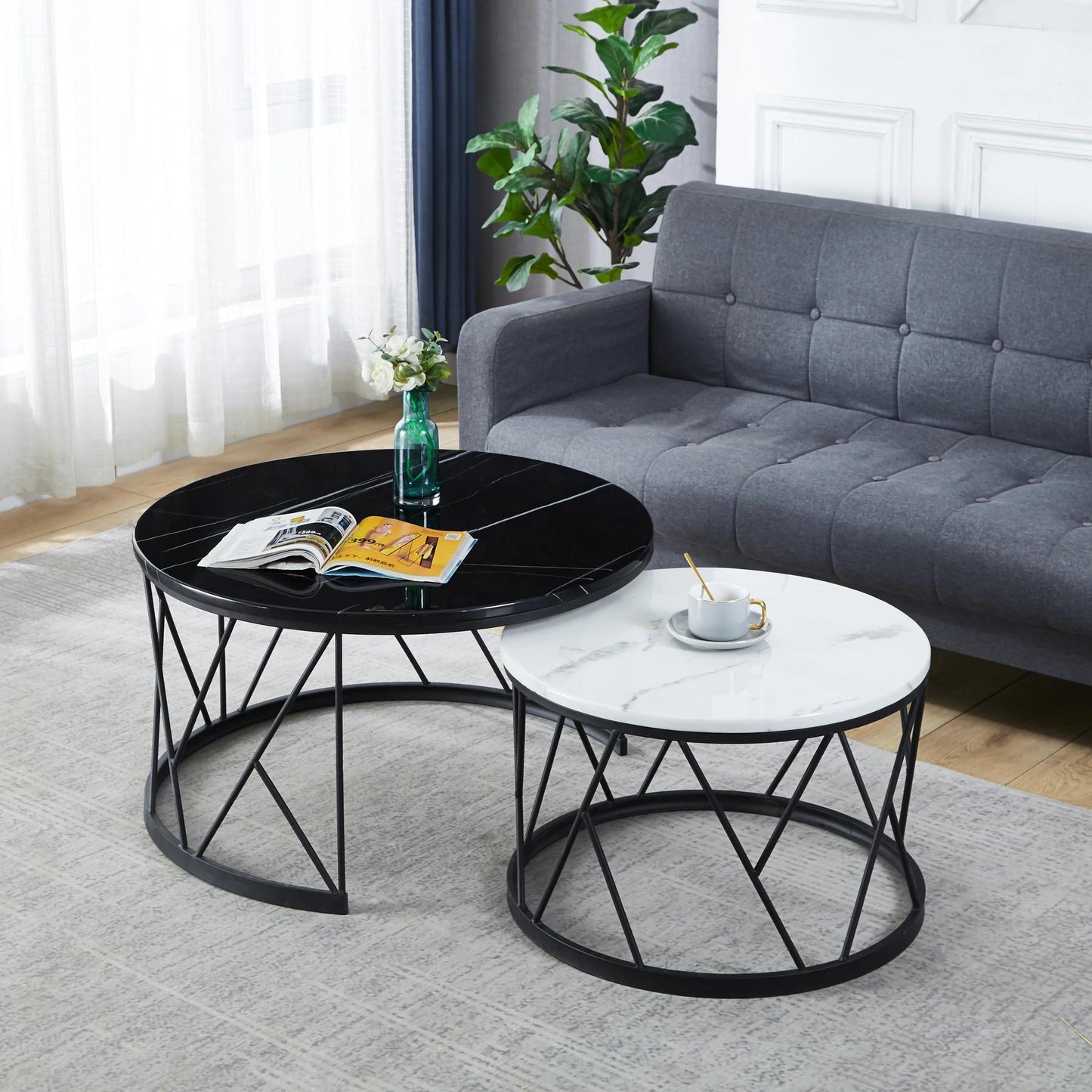 GLORIA Mordern /Nesting/ Marble Coffee Table Set (Black base)