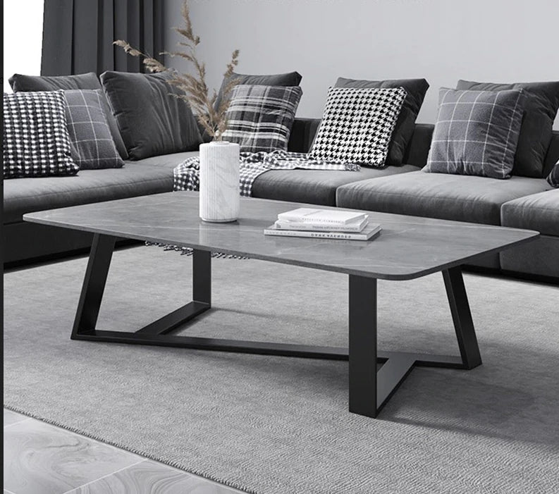 Ashy Grey Matte Finish Sintered Stone Coffee Table/Ceramic tabletop/ Powder-coated steel frame & legs