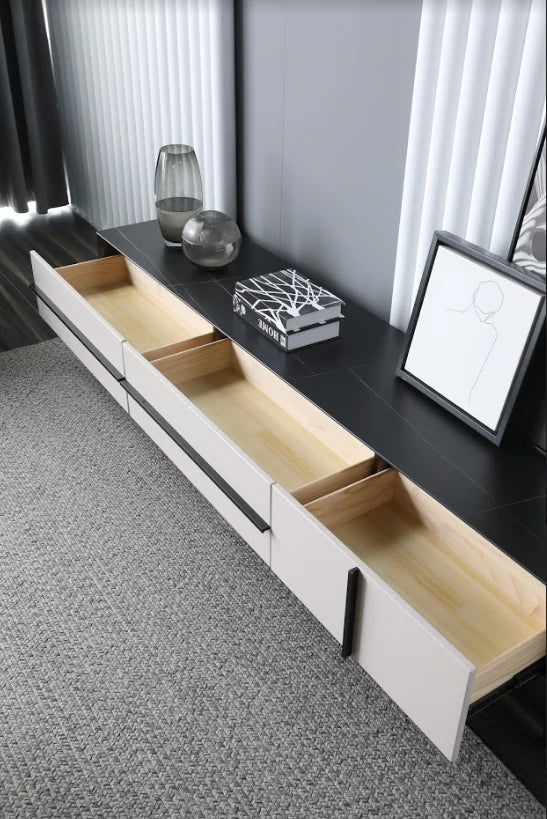 AMELIA Mordern Minimalistic/ Entertainment TV Unit-200cm Ceramic Top White/Black /MDF & Metal