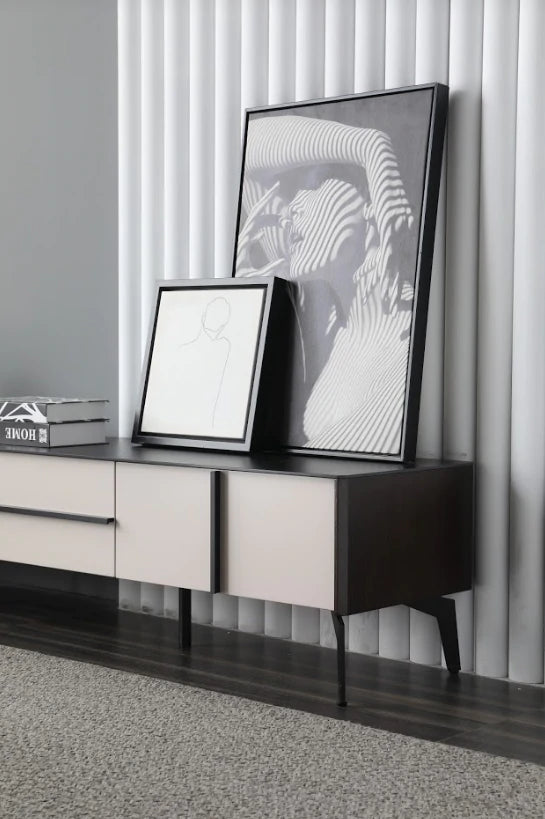 AMELIA Mordern Minimalistic/ Entertainment TV Unit-200cm Ceramic Top White/Black /MDF & Metal