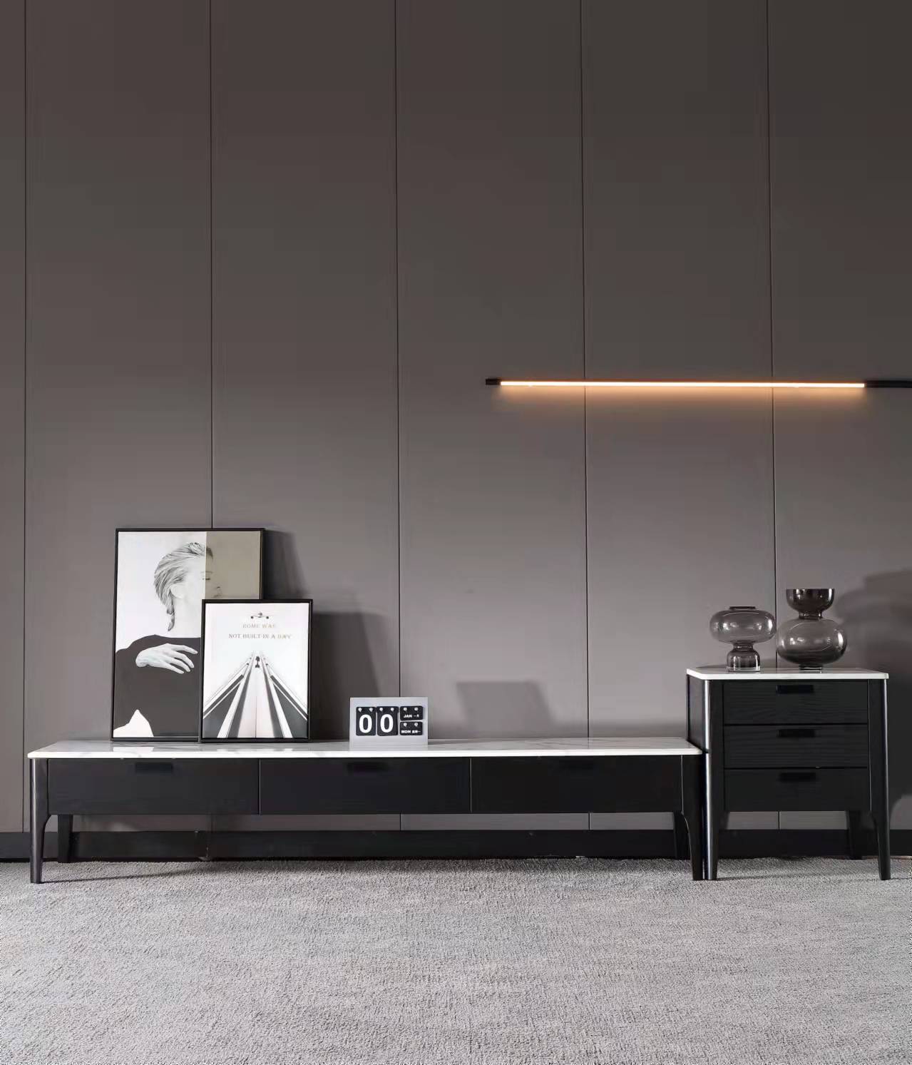 ACHER Morden Entertainment TV Unit-200cm White Marble Top/Solid Timber