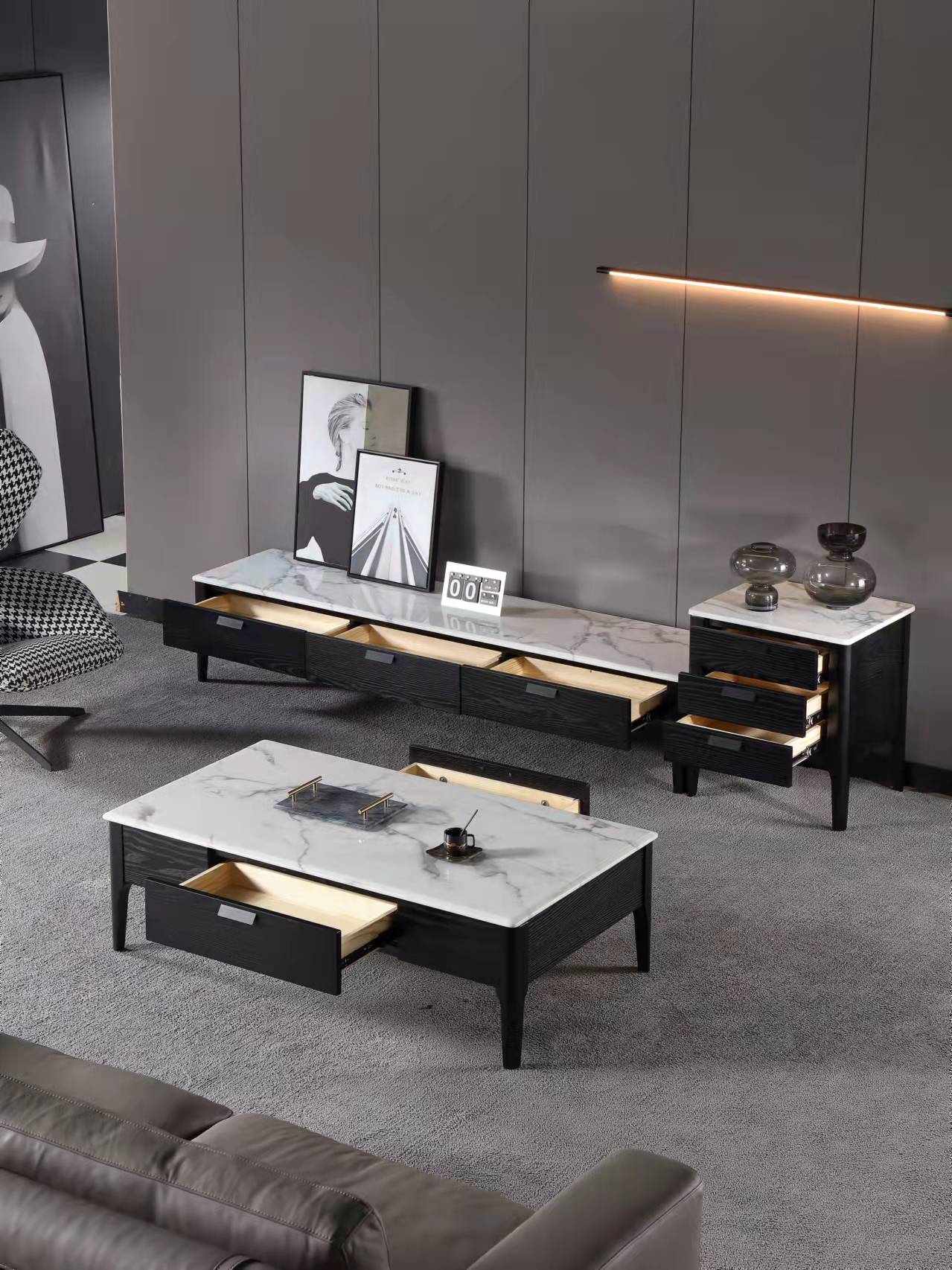 ACHER Morden Entertainment TV Unit-200cm White Marble Top/Solid Timber