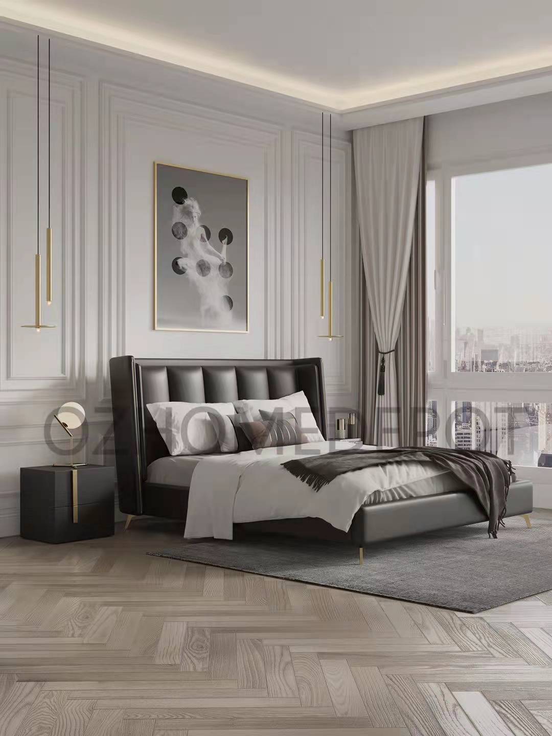 Giovanni Rock Black luxurious Leather Bed Frame Queen/ King/ Steel legs