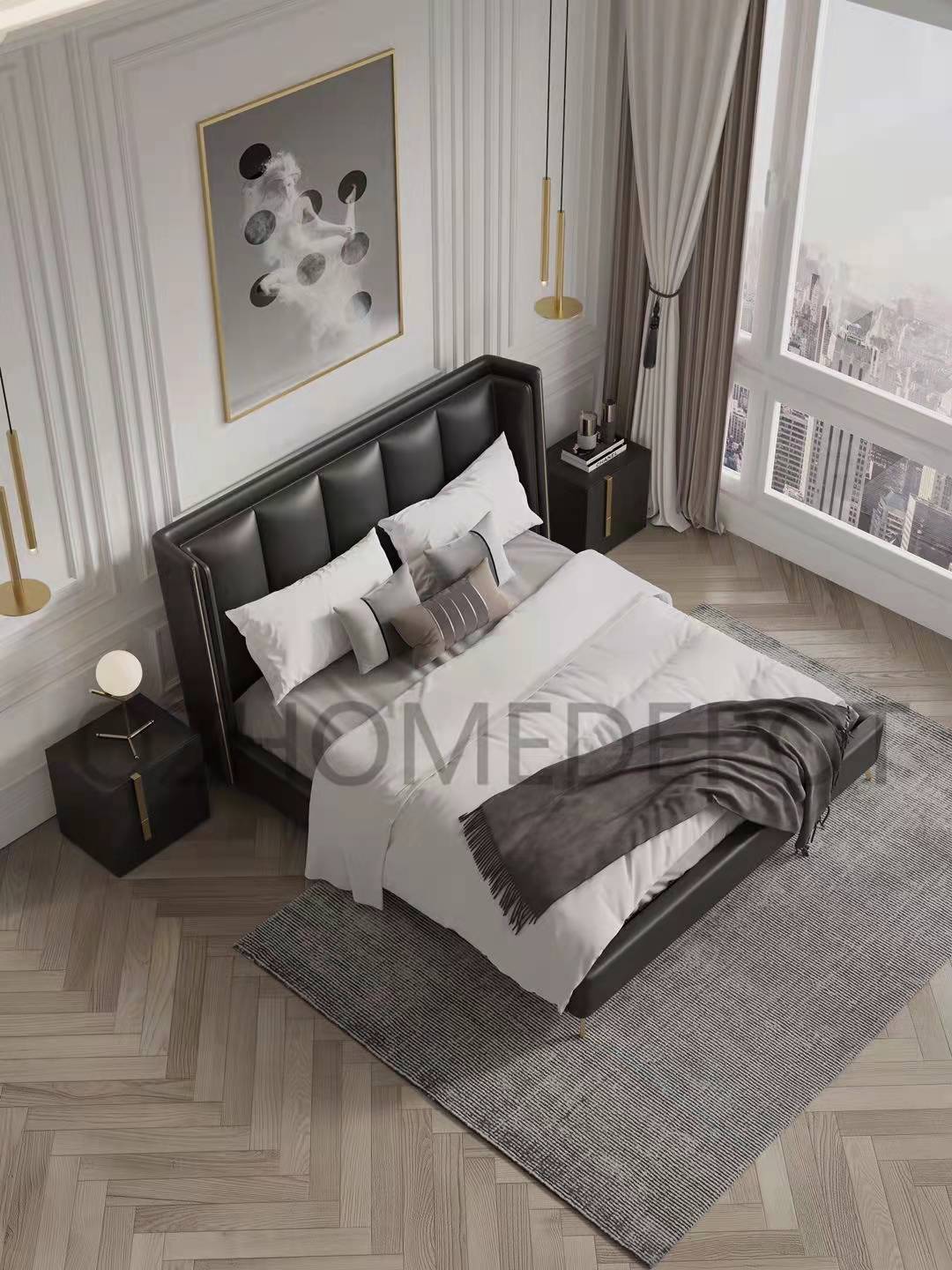 Giovanni Rock Black luxurious Leather Bed Frame Queen/ King/ Steel legs