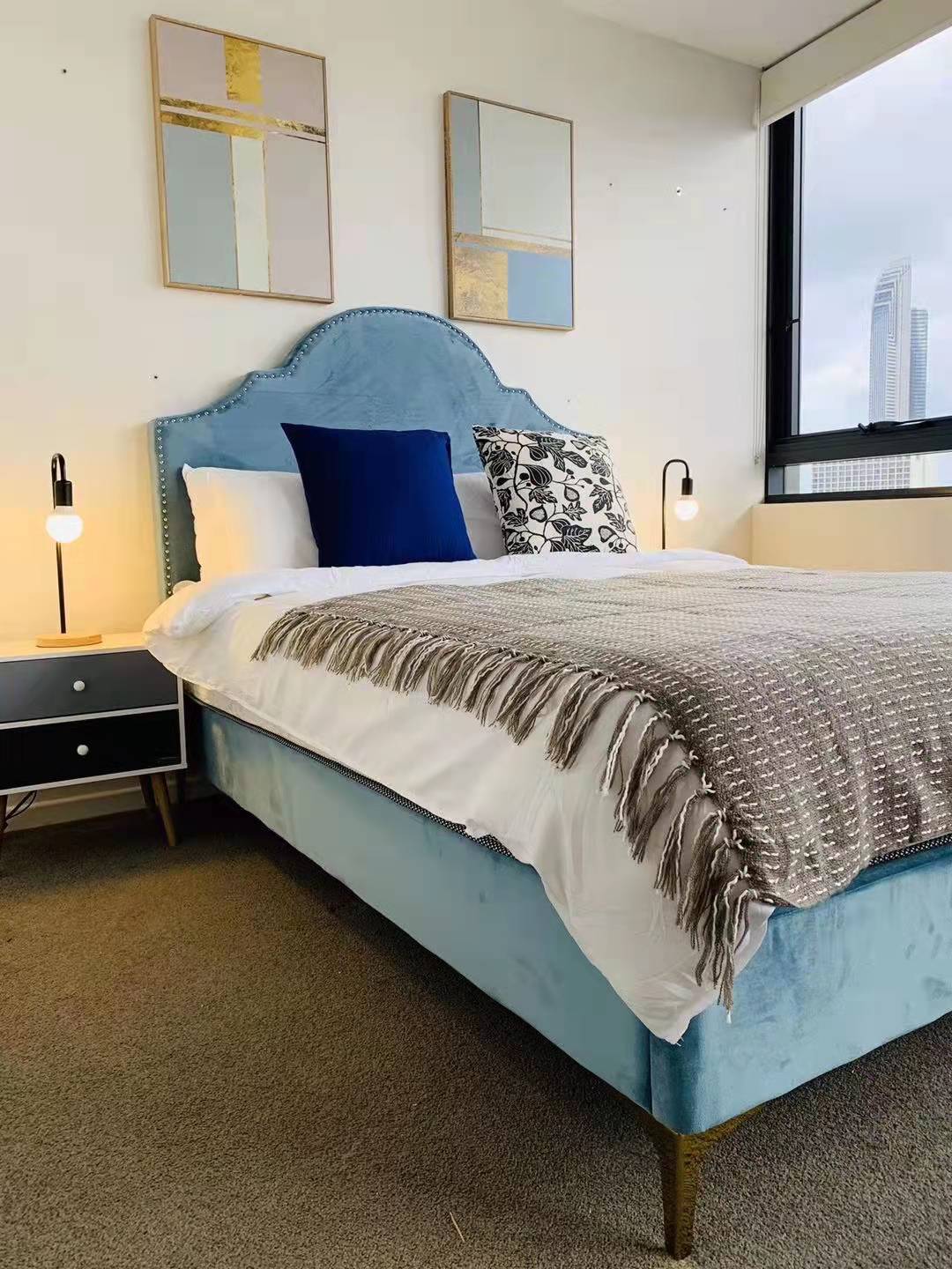 AQUA Velvet Upholstered Bed Frame Queen Size