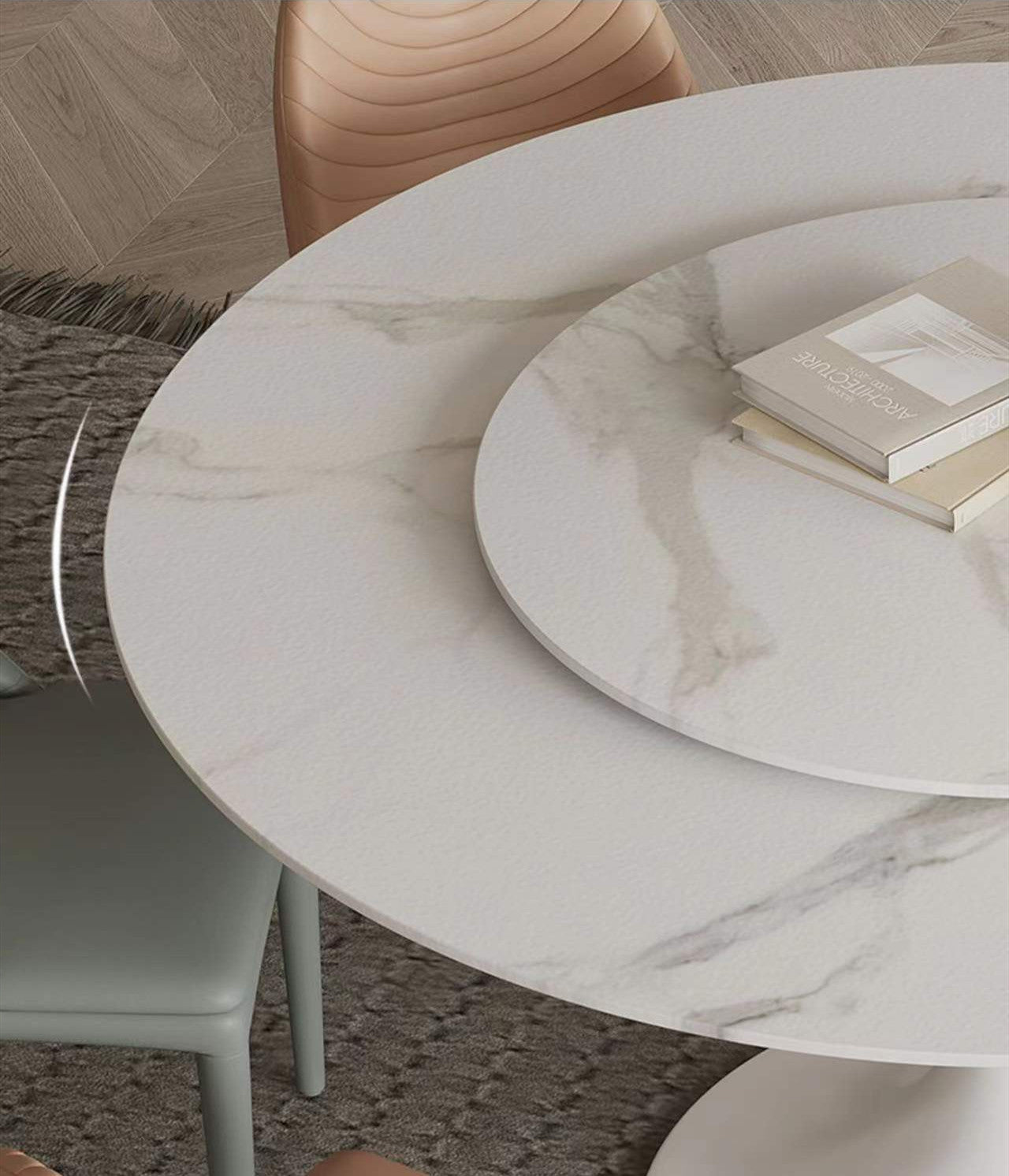 Solana White Sintered Stone Round Dining Table with Lazy Susan