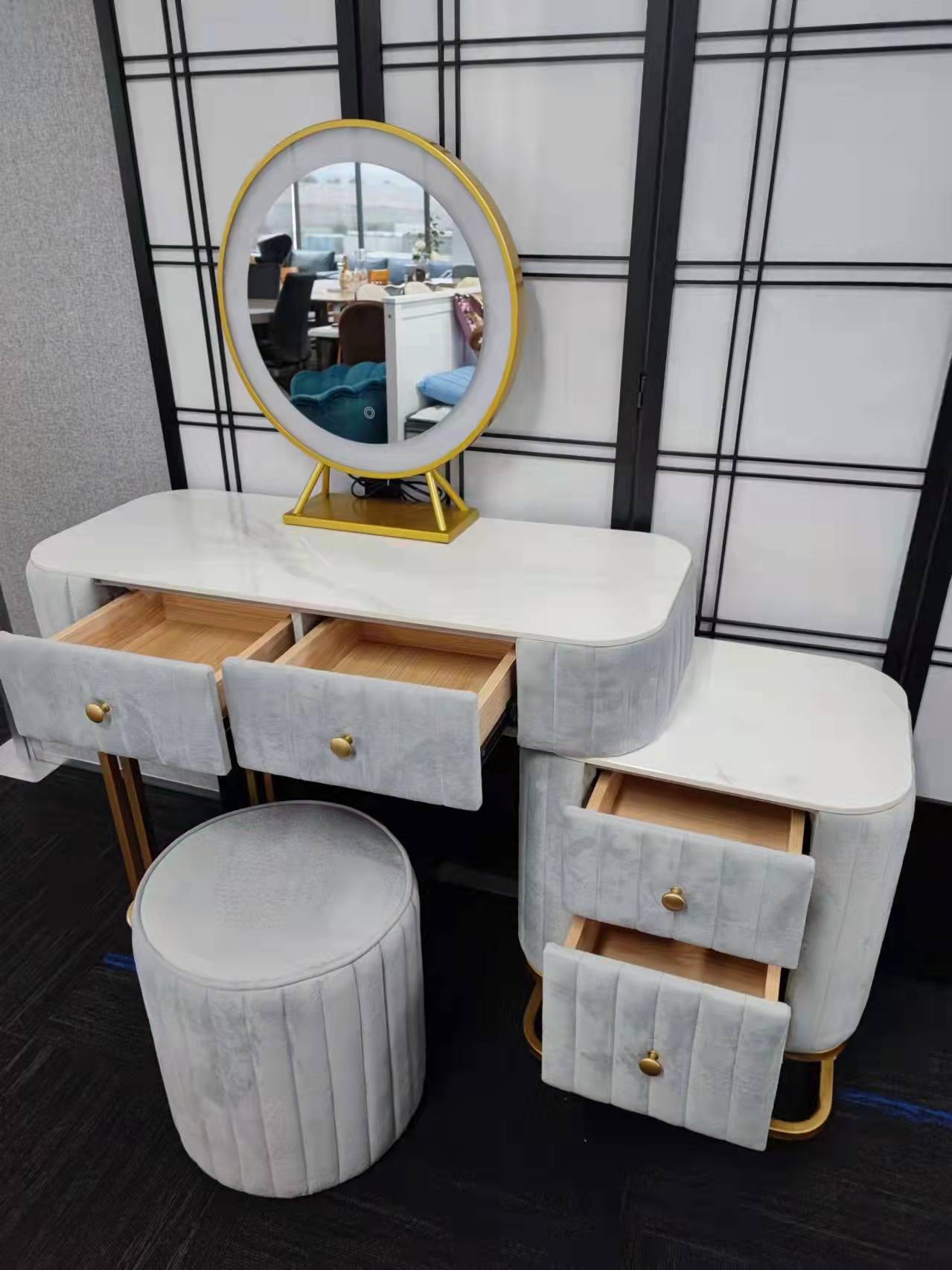LED Luminous Vanity Velvet Table and Stool Set Makeup Dressing Table Sintered Stone Top