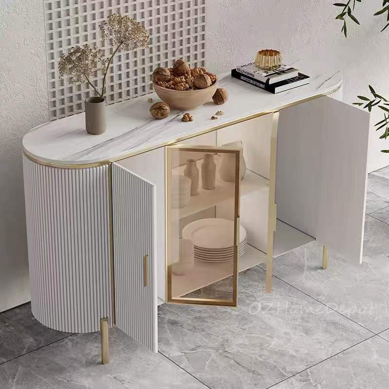 Dracone Buffet Sideboard Cabinet/ Cultured Marble Top/wood/solied timber/White&Gold colored