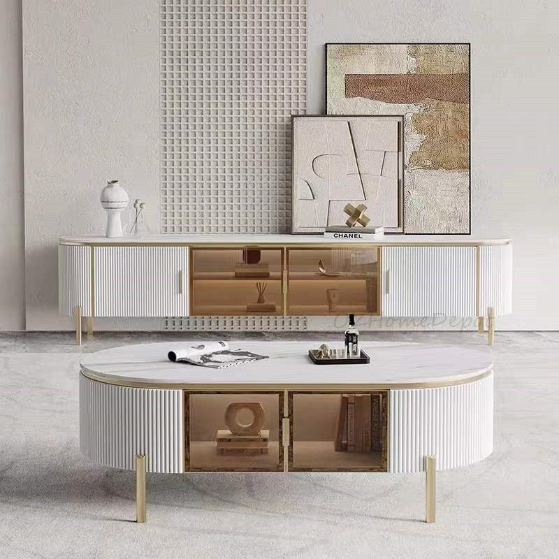 LUCAS TV Stand White Sintered Stone Top Golden Legs/Mordern/TV Unit/Steel