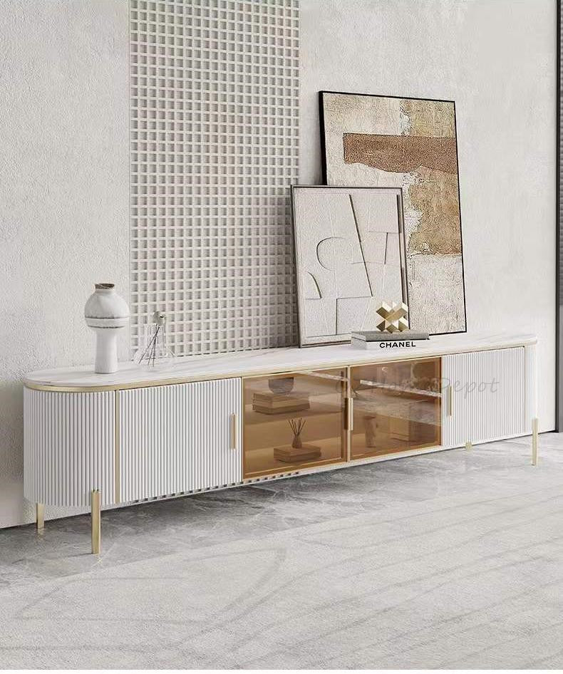 LUCAS TV Stand White Sintered Stone Top Golden Legs/Mordern/TV Unit/Steel