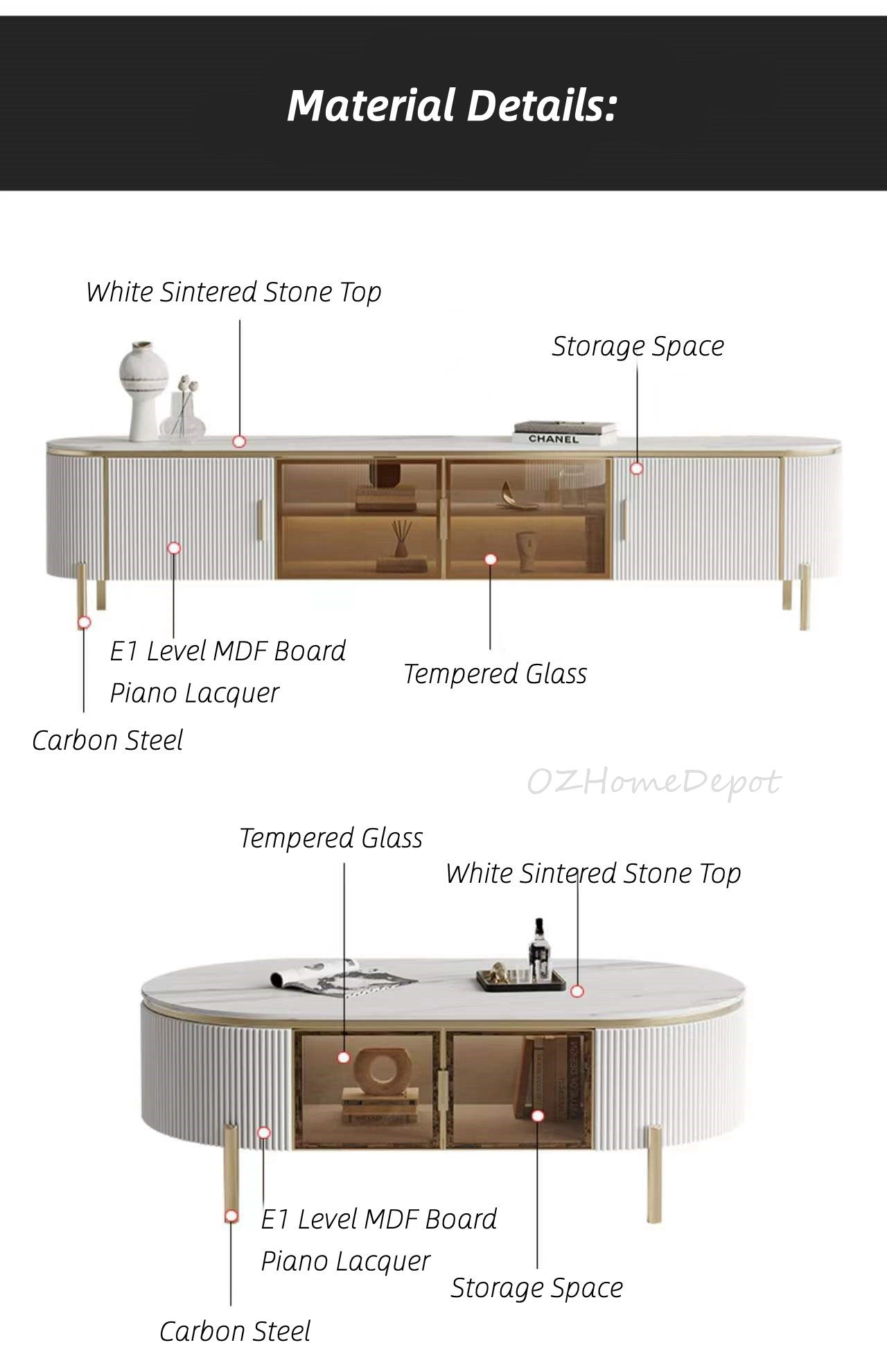 LUCAS TV Stand White Sintered Stone Top Golden Legs/Mordern/TV Unit/Steel