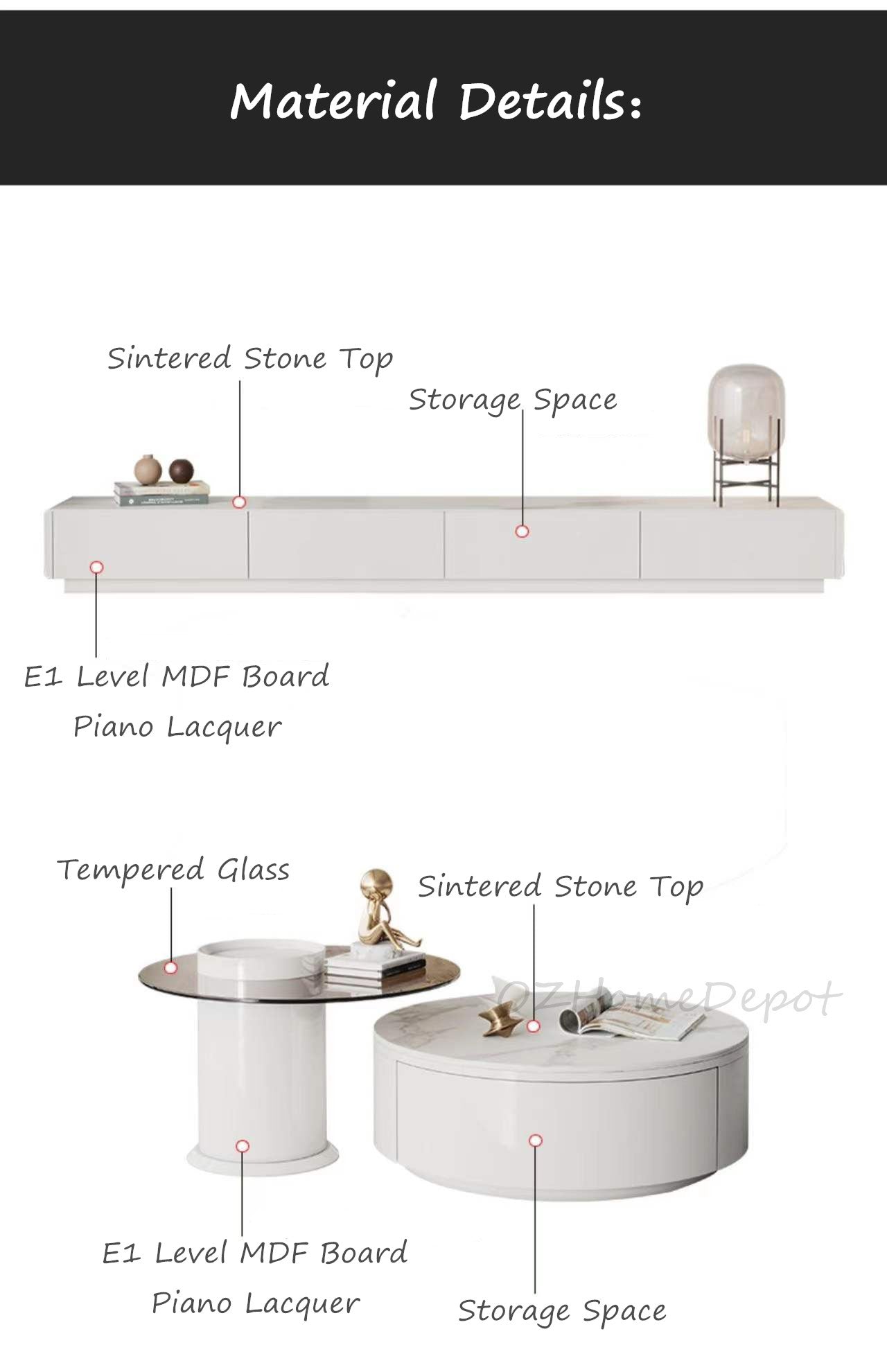 LUCIA TV Stand White Sintered Stone Top Entertainment Unit/Mordern/TV Unit/Steel