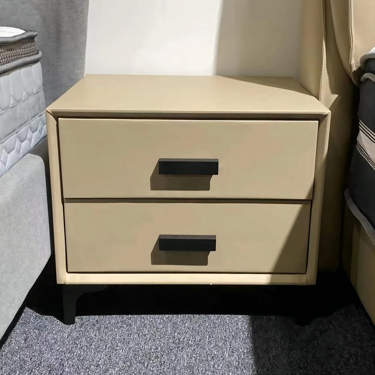 REMY Luxurious Leather Bedside Table/Timber frame/Modern light beige colour