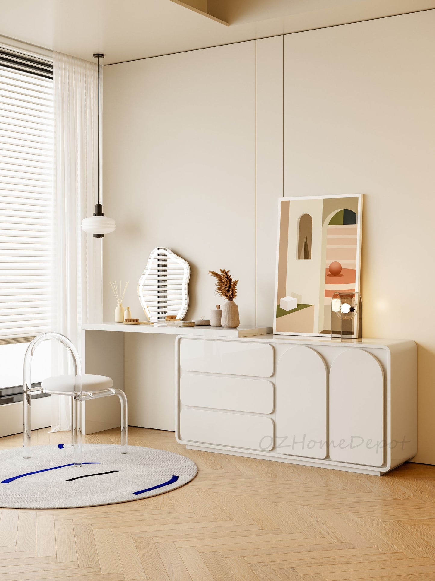 Quinn Creamy White Vanity Table with Stool and LED Mirror/vanity table/Dressing Table with mirror and drawers