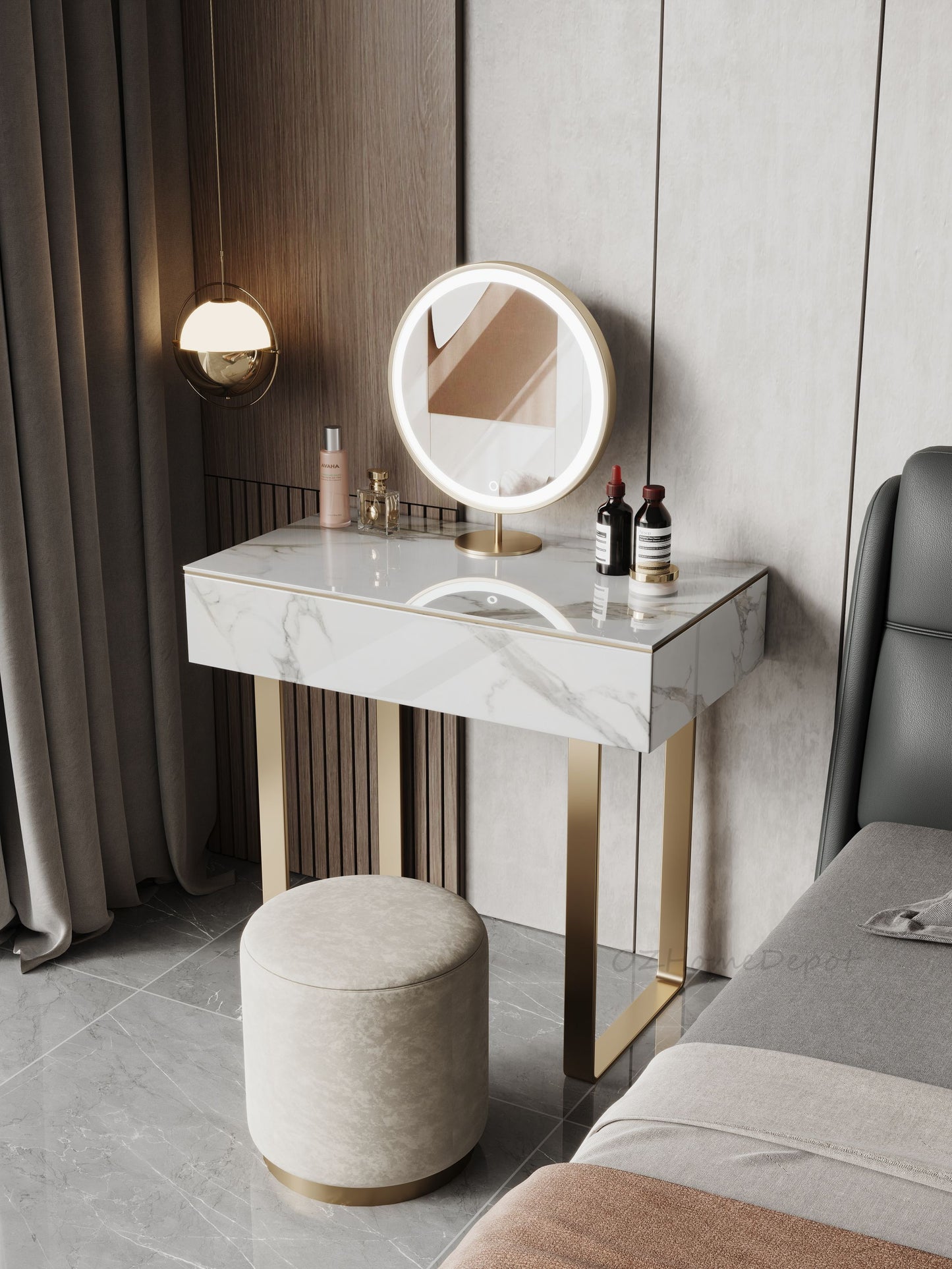 ALEXUS Sintered Stone Top Vanity Table with Stool and LED Mirror/vanity table/dressing table with mirror and drawers