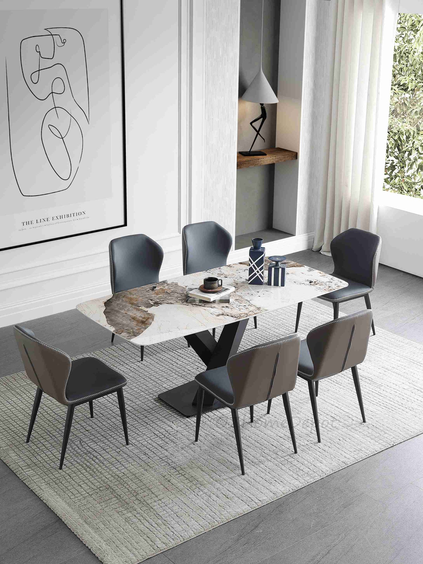 Lupika Marble Paint Sintered Stone Top Long Dining Table with Chairs Set