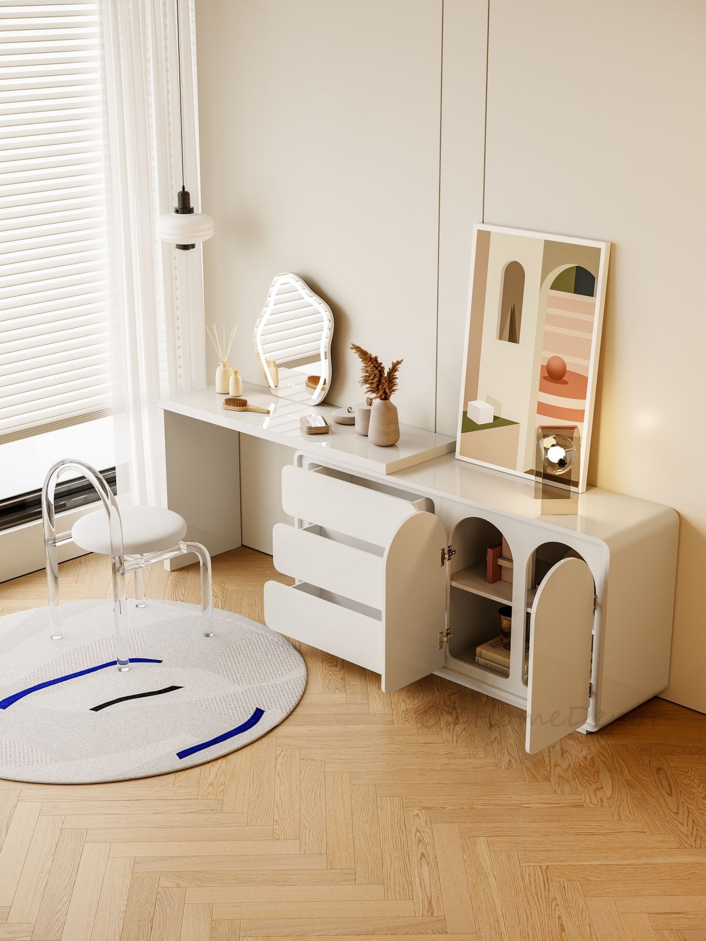 Quinn Creamy White Vanity Table with Stool and LED Mirror/vanity table/Dressing Table with mirror and drawers