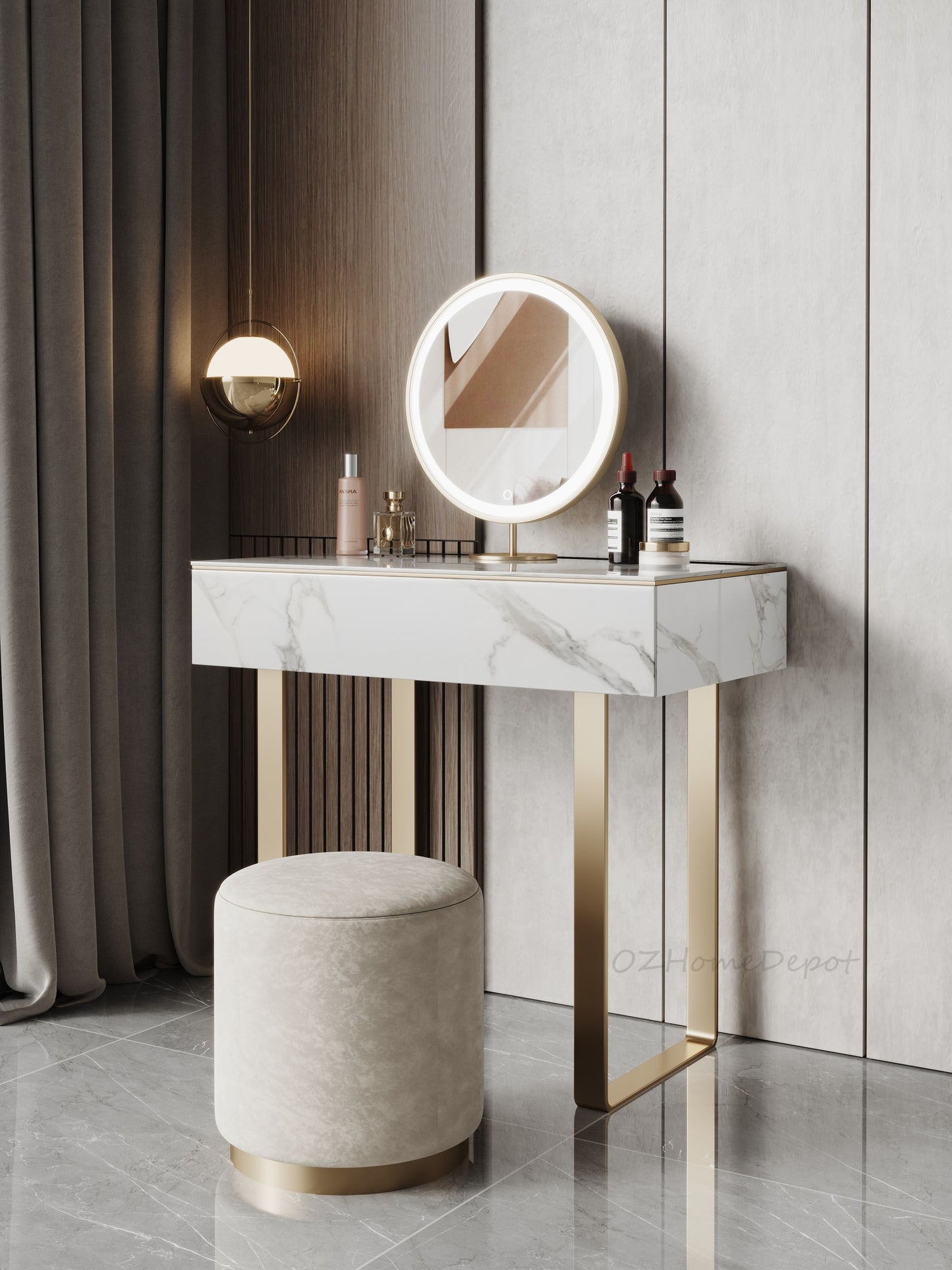 ALEXUS Sintered Stone Top Vanity Table with Stool and LED Mirror/vanity table/dressing table with mirror and drawers