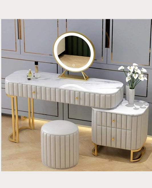LED Luminous Vanity Velvet Table and Stool Set Makeup Dressing Table Sintered Stone Top