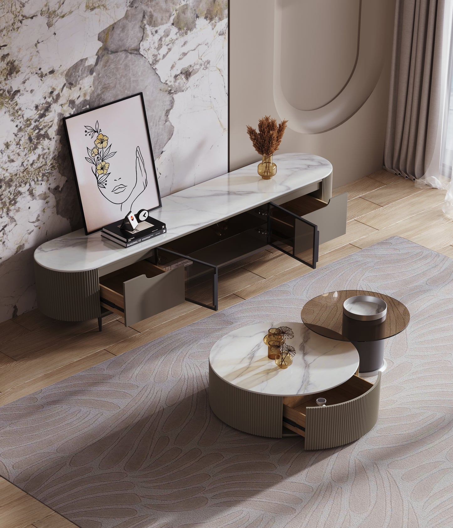 Keesley Nesting Coffee Table Set/Glossy Sintered Stone top/ Modern