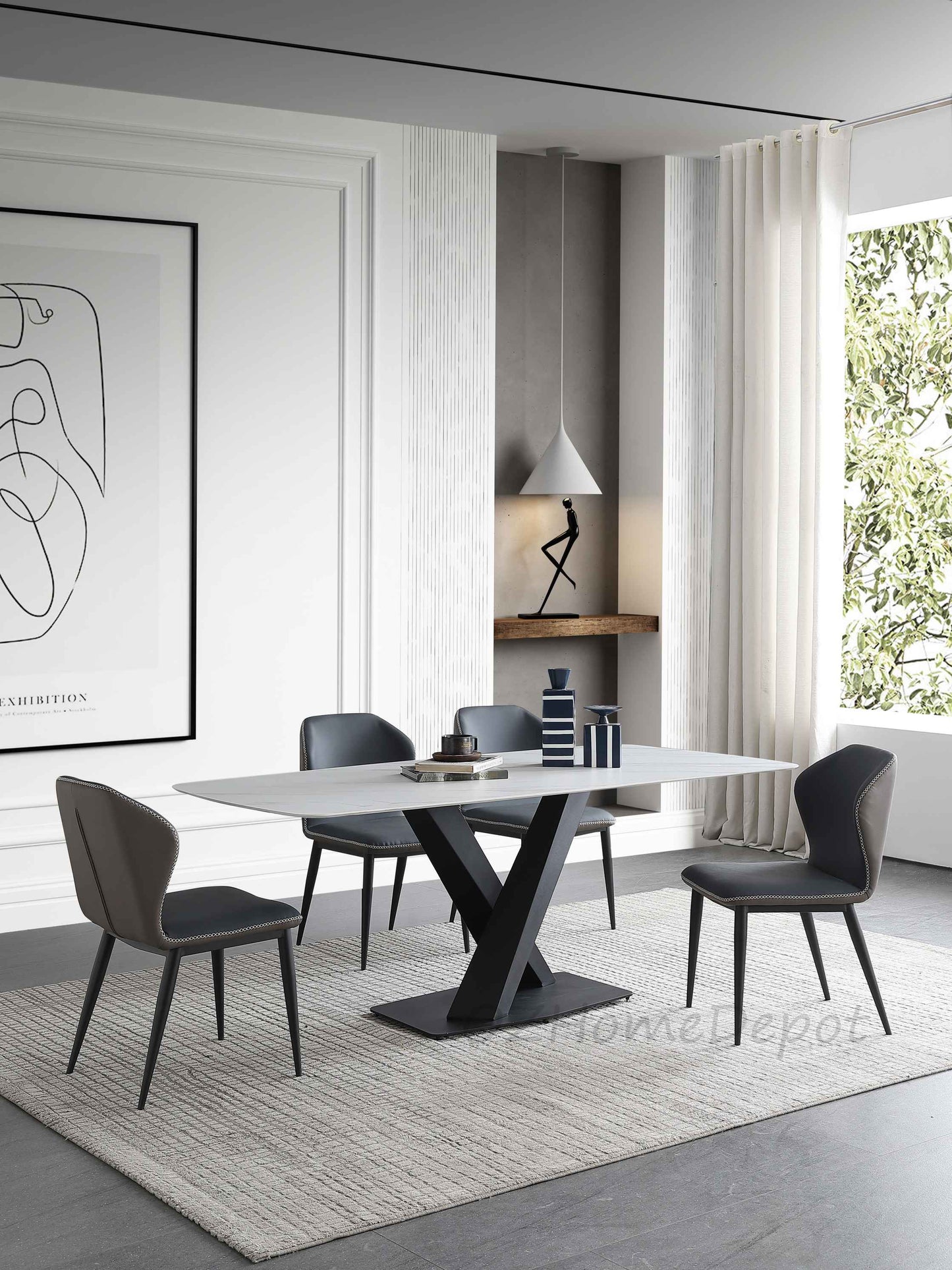 Lupika Marble Paint Sintered Stone Top Long Dining Table with Chairs Set