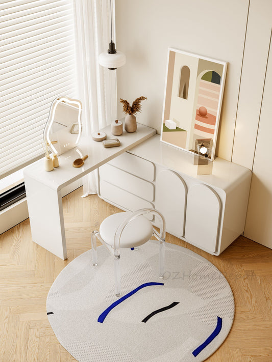 Quinn Creamy White Vanity Table with Stool and LED Mirror/vanity table/Dressing Table with mirror and drawers