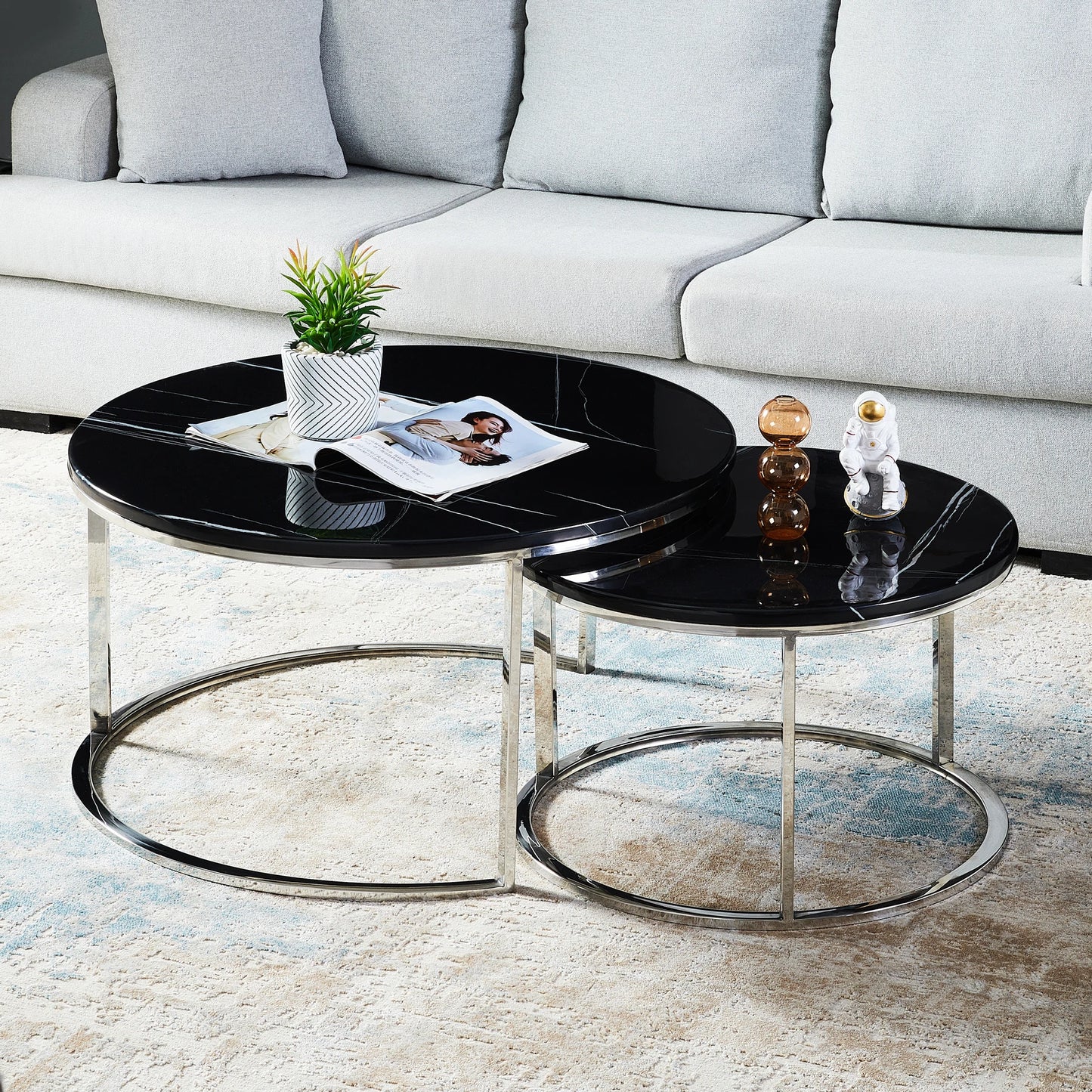 【50% OFF】GLORIA Morden/Nesting Marble Coffee Table Set (Sliver base)/Stainless steel