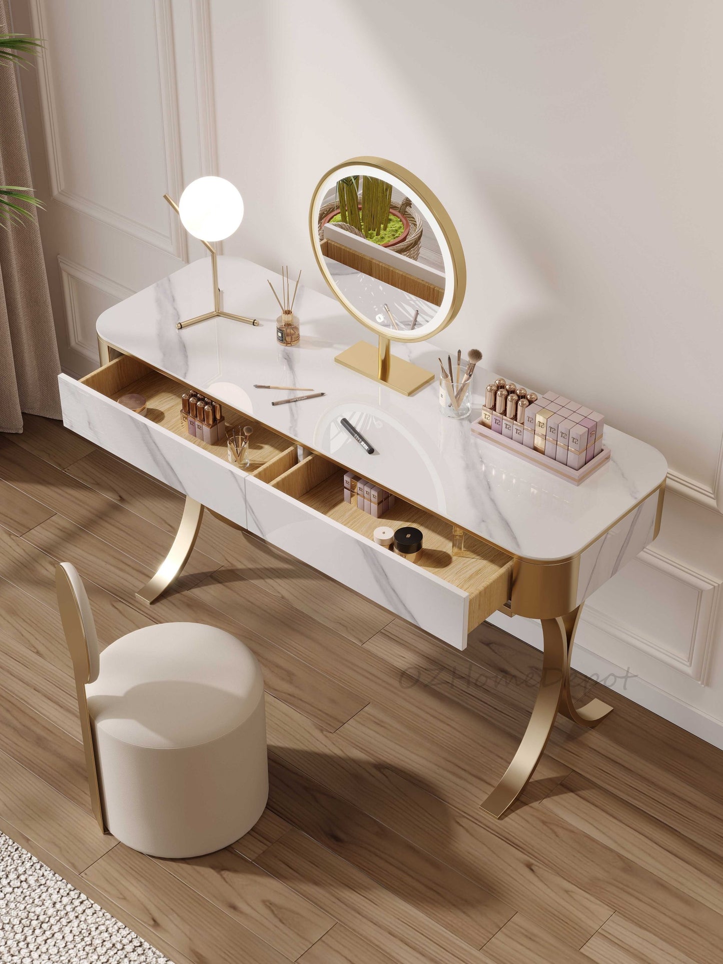 DOLORES Stone top Vanity Table LED Mirror and Stool Set/Makeup Dressing Table 6013