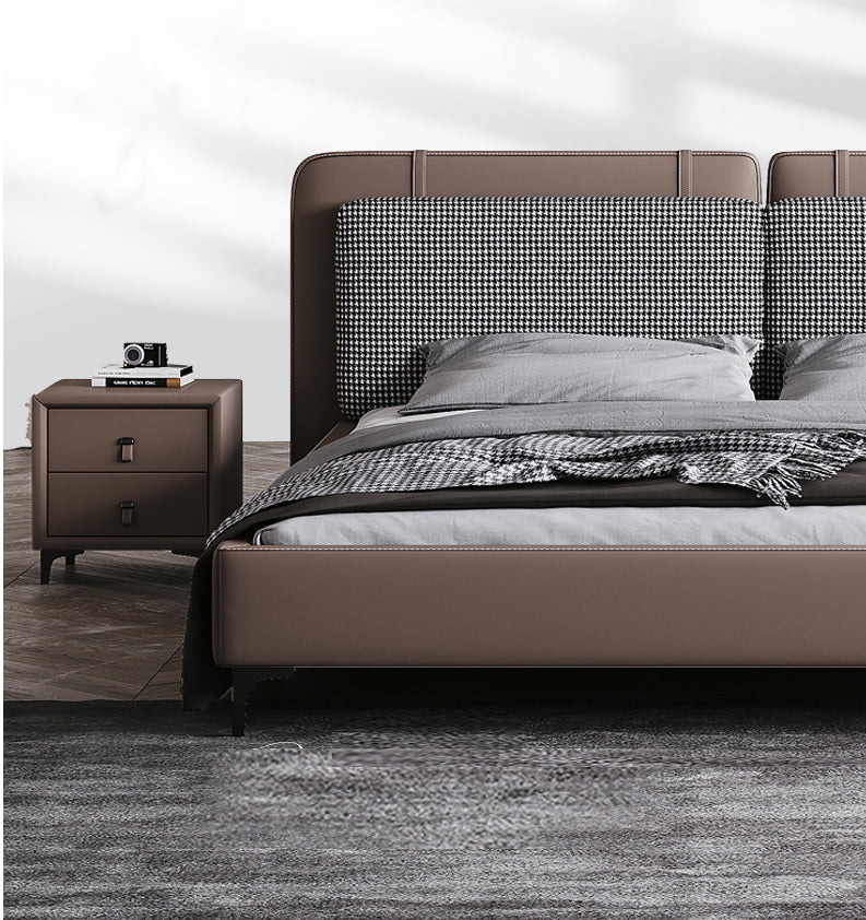 Alwyn Chidori-grid Leather and Fabric Bed Frame/premium calf leather/ Steel legs/Queen/ King/ In Stock