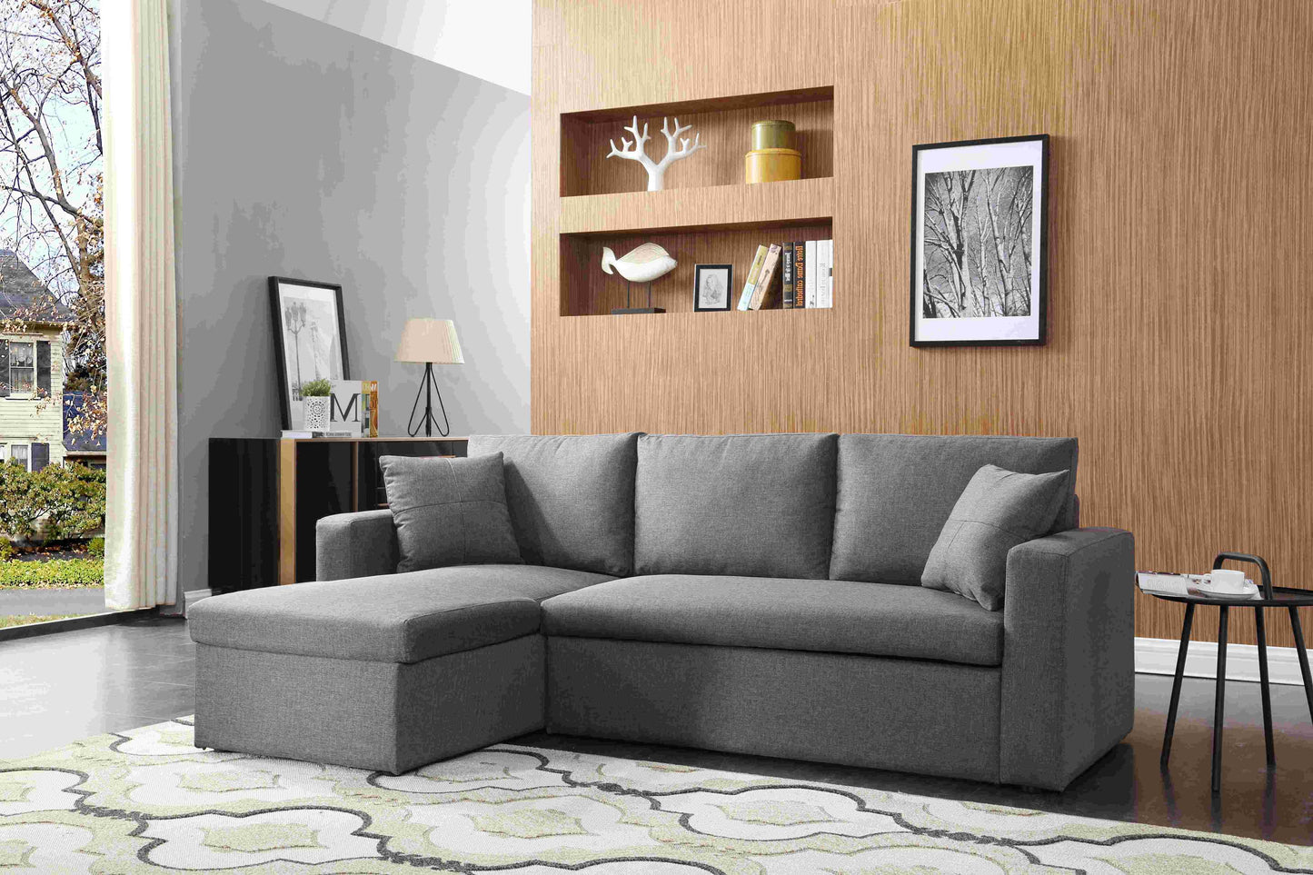 Modern Design Linen Fabric 3-Seat Sofa Bed With Storage Chaise Grey