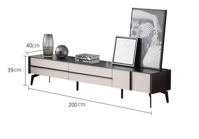 AMELIA Mordern Minimalistic/ Entertainment TV Unit-200cm Ceramic Top White/Black /MDF & Metal