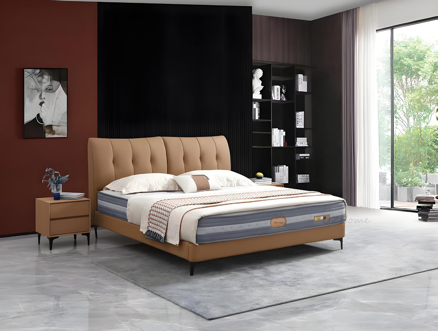【Free Bedside Tables Included】NOVA Genuine Leather Series Brown Thick-Cushion Bed Frame with Integrated Bed Base | Model 1006