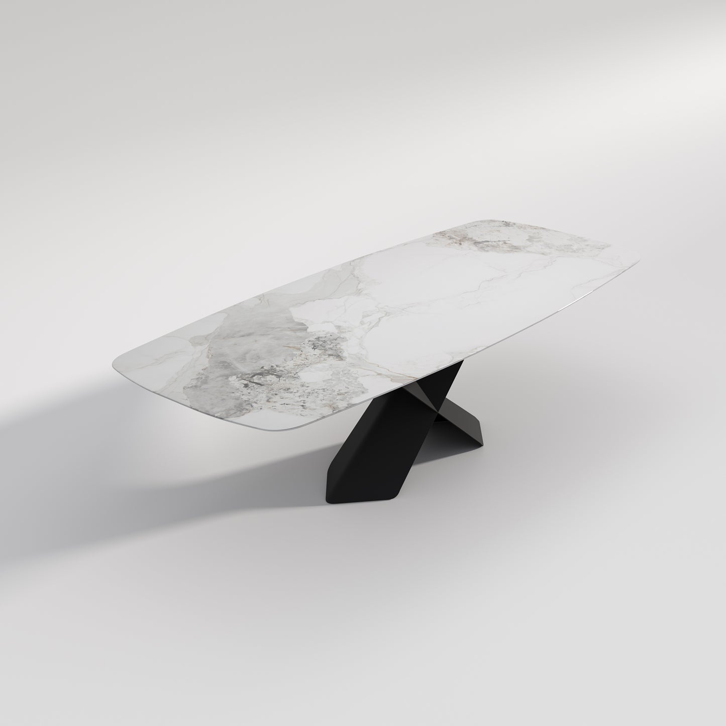 THIBAULT Multi-Size High-Gloss Marble-Patterned Sintered Stone Dining Table with Crossed Carbon Steel Base – Modern Luxury, Customizable | 9077