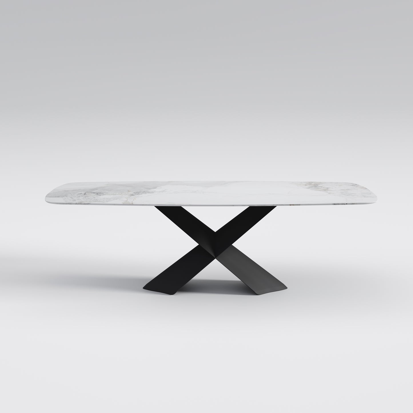 THIBAULT Multi-Size High-Gloss Marble-Patterned Sintered Stone Dining Table with Crossed Carbon Steel Base – Modern Luxury, Customizable | 9077