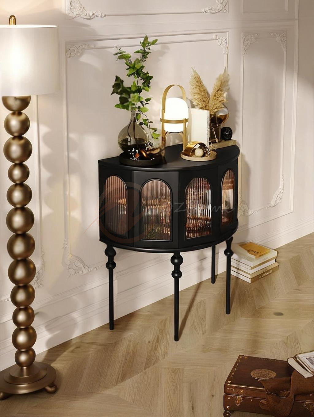Seraphine Gothic-style Black Cabinet with Ribbed Glass Doors, Storage Sideboard | Semi-circular | buffet 7026