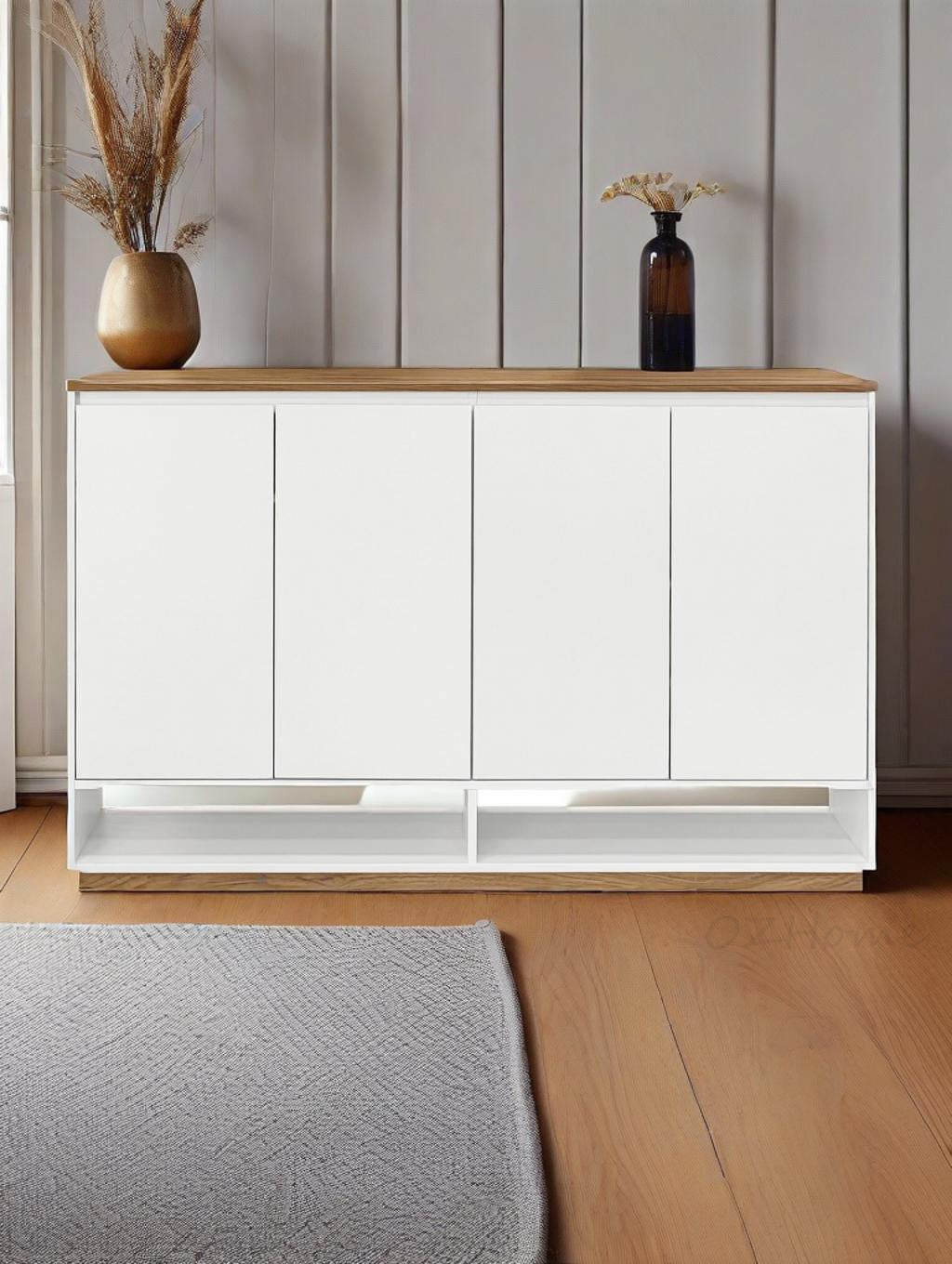 ELIO White & Natural Wood Four-Door Large 140cm Storage Shoe Cabinet | SS-002