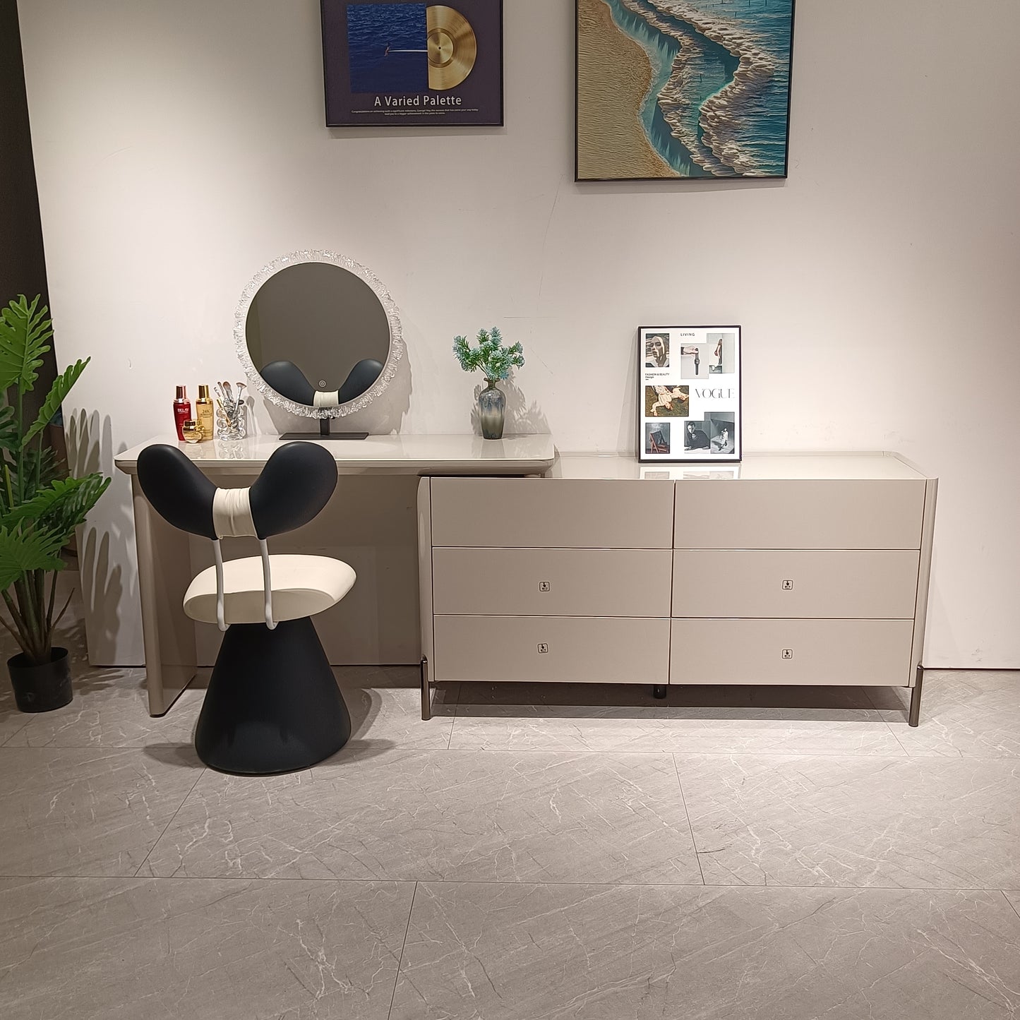 ALVORA Modern Grey Vanity Table Set with Side Cabinet, LED Mirror & Stool | 6066