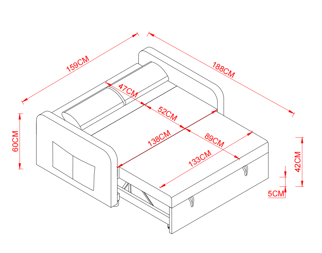 【Sofa Bed】Minimalist style, two-seater grey fabric pull-out sofa with cushions, model 1015
