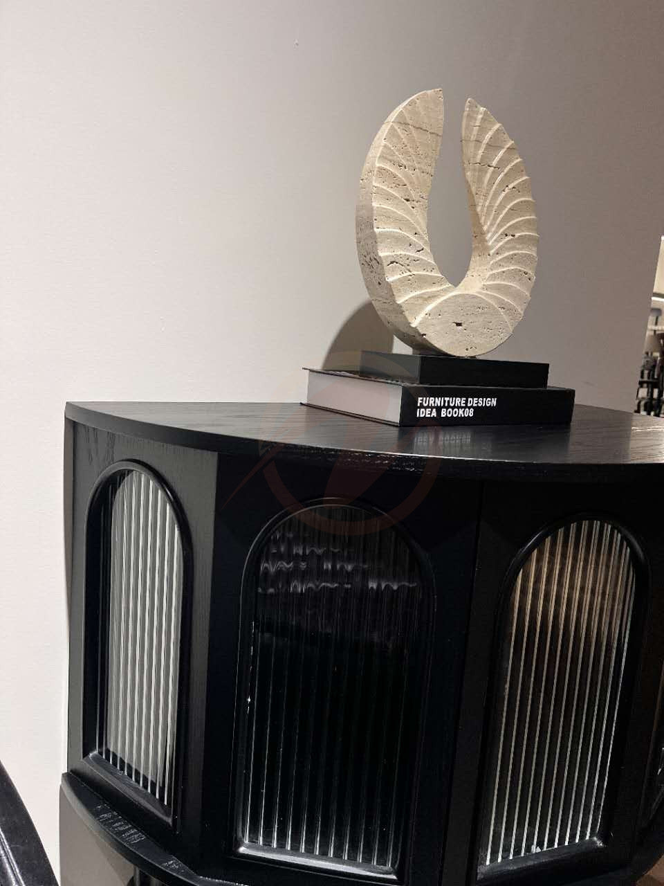 Seraphine Gothic-style Black Cabinet with Ribbed Glass Doors, Storage Sideboard | Semi-circular | buffet 7026