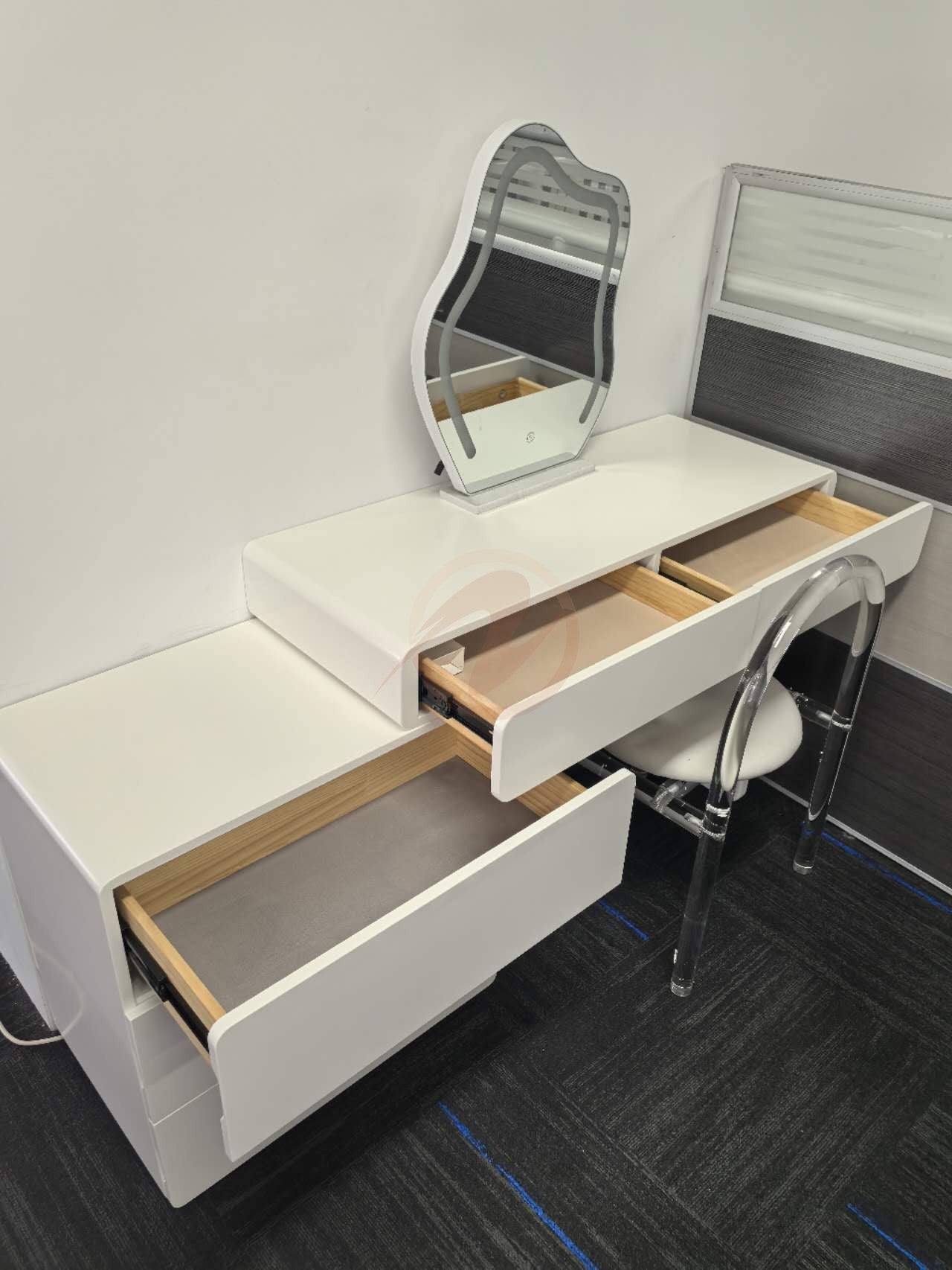 CATERINA Cream Aesthetic Small White Lacquer Vanity Table with Storage Cabinet, Mirror, and Stool | 6026