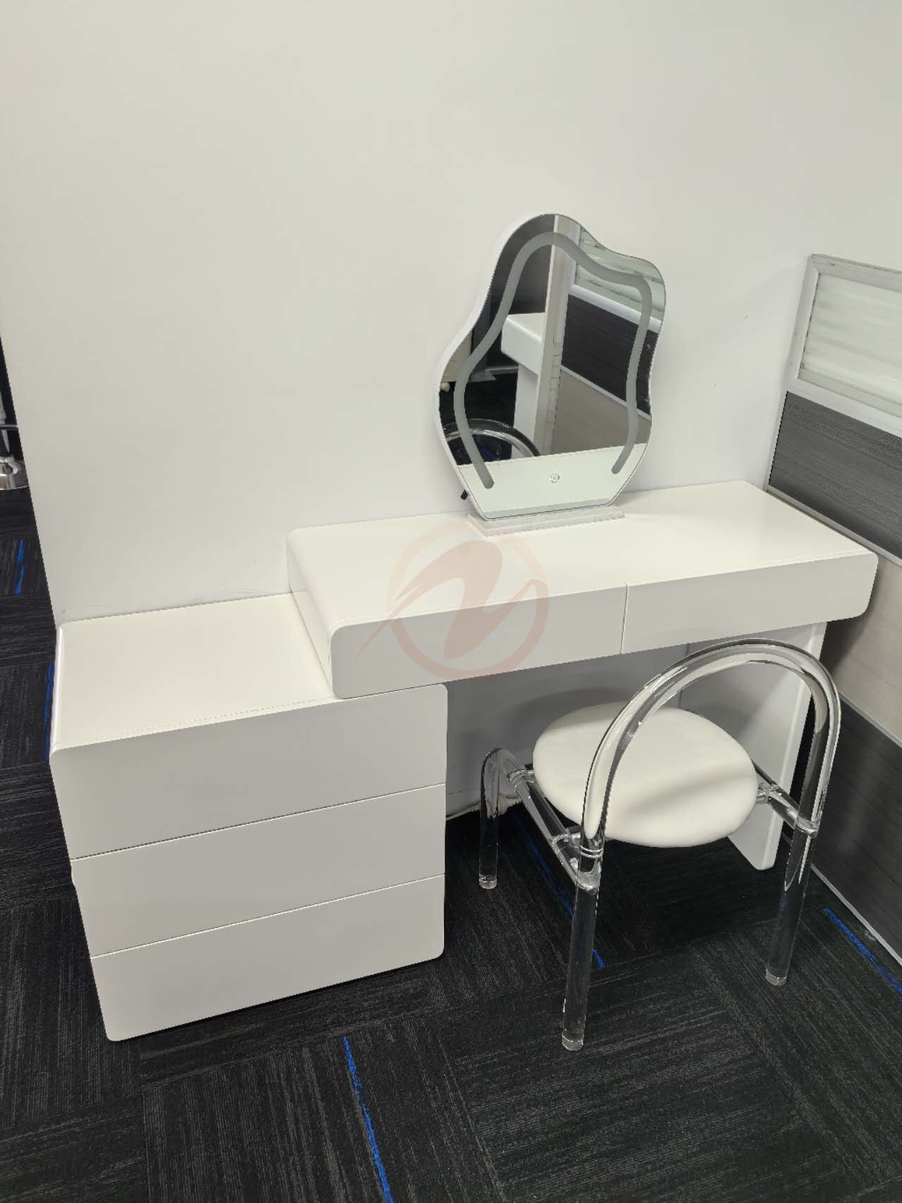 CATERINA Cream Aesthetic Small White Lacquer Vanity Table with Storage Cabinet, Mirror, and Stool | 6026